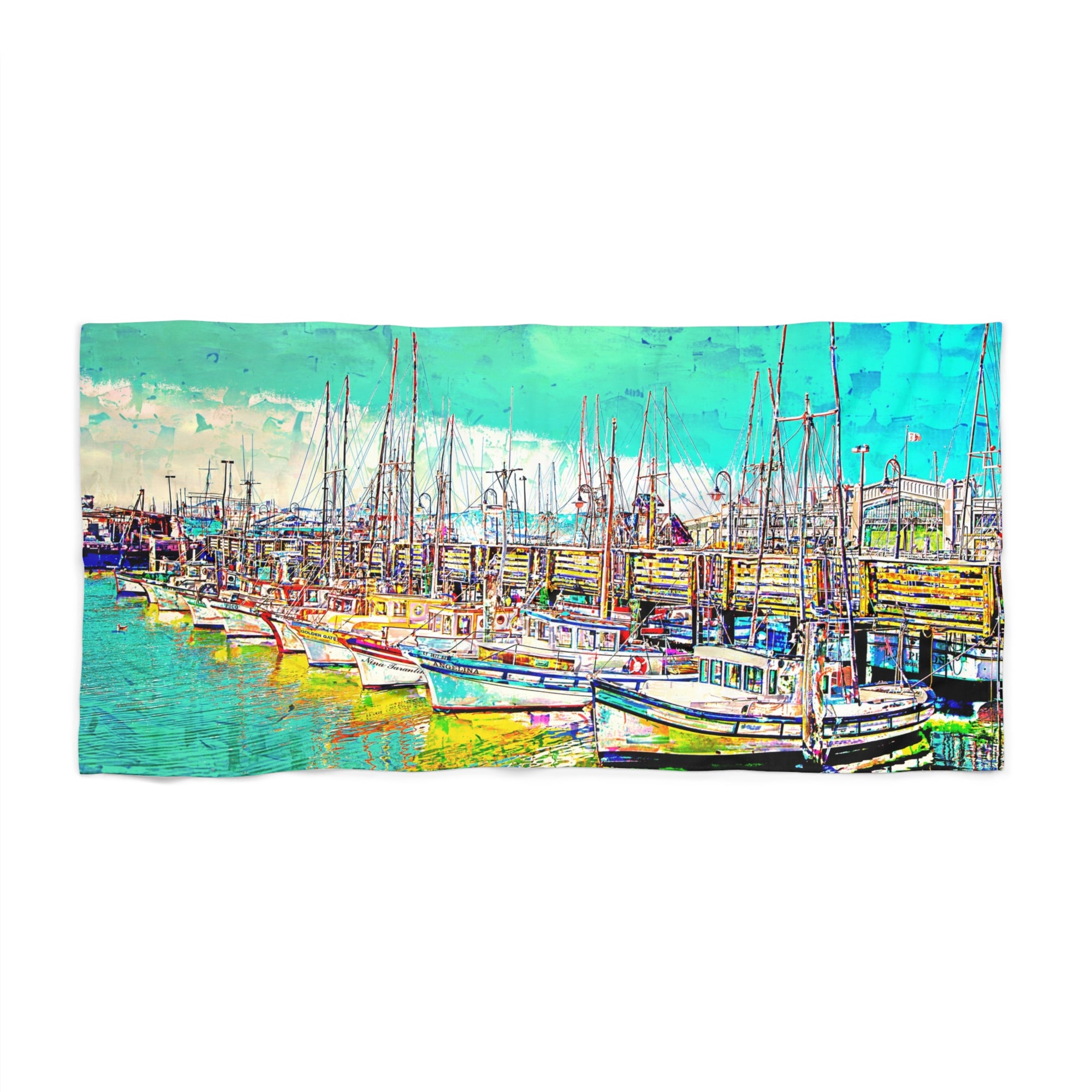 Harbor Boats Beach Towel — Colorful Nautical Marina Artwork