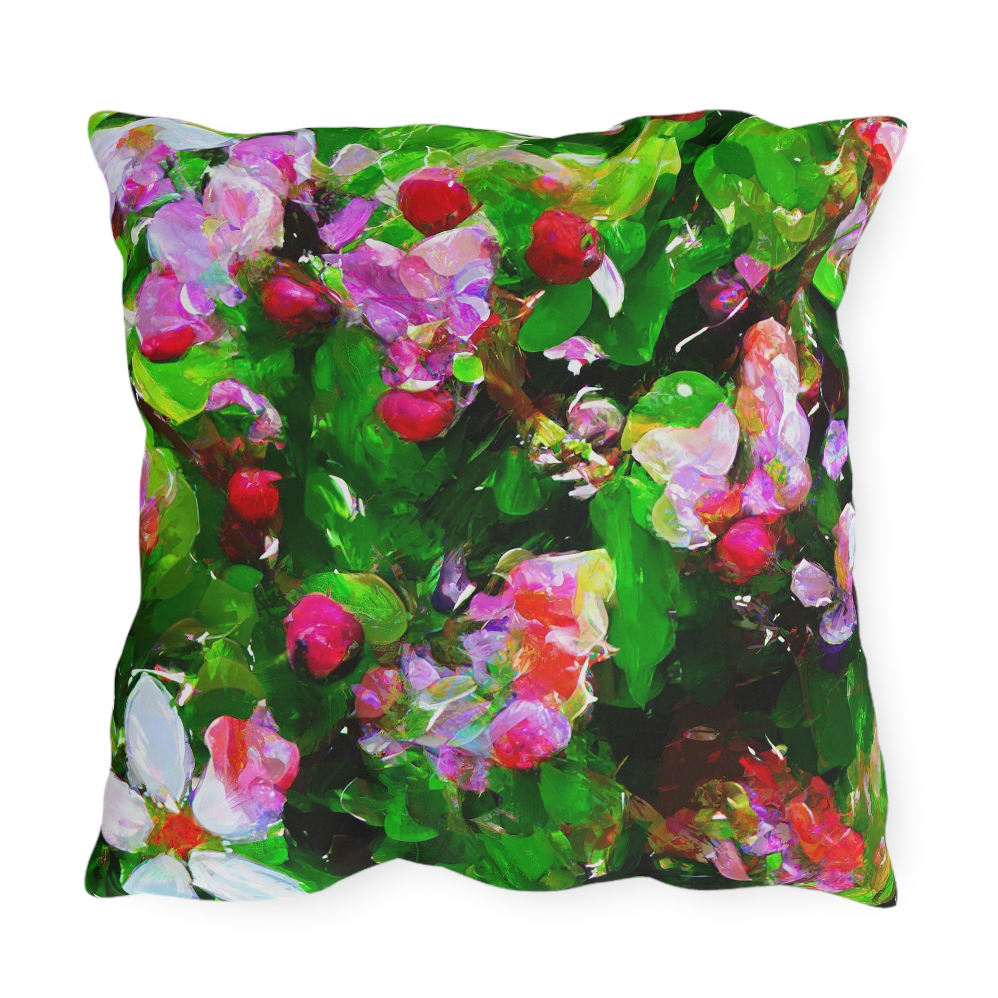 Floral Garden Outdoor Pillow — Bright Pink &amp; Green Botanical Throw for Patio
