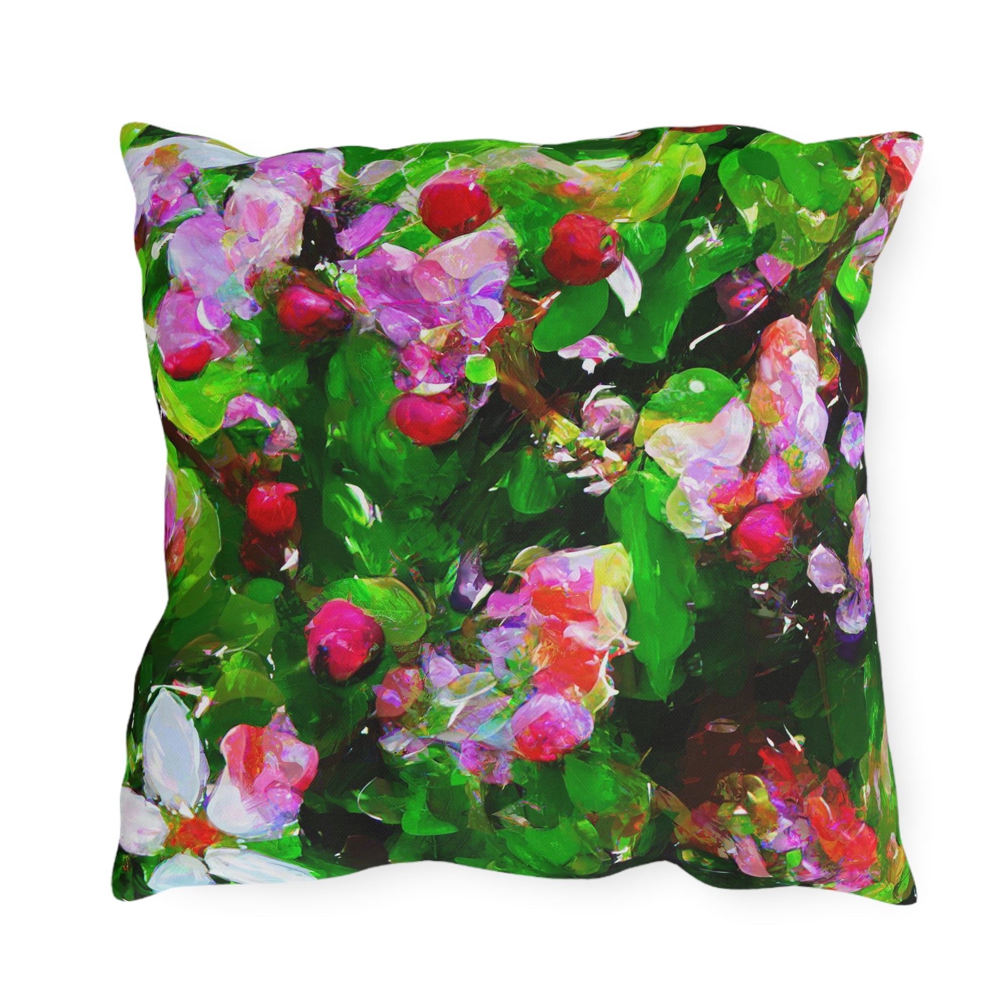 Floral Garden Outdoor Pillow — Bright Pink &amp; Green Botanical Throw for Patio