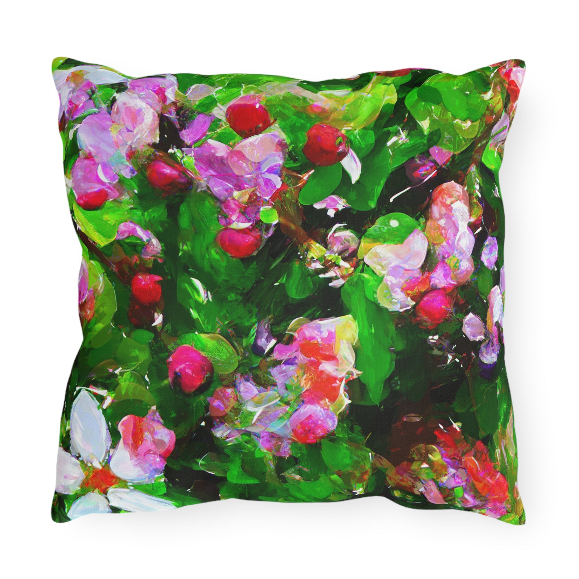 Floral Garden Outdoor Pillow — Bright Pink &amp; Green Botanical Throw for Patio