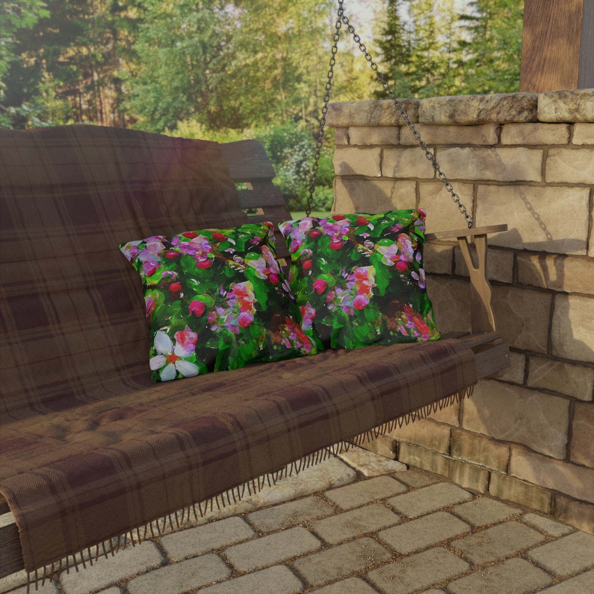 Floral Garden Outdoor Pillow — Bright Pink &amp; Green Botanical Throw for Patio