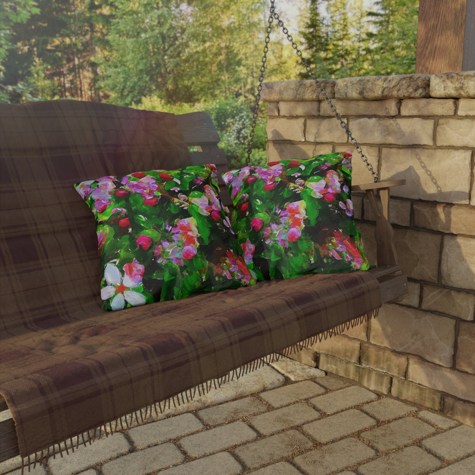 Floral Garden Outdoor Pillow — Bright Pink &amp; Green Botanical Throw for Patio