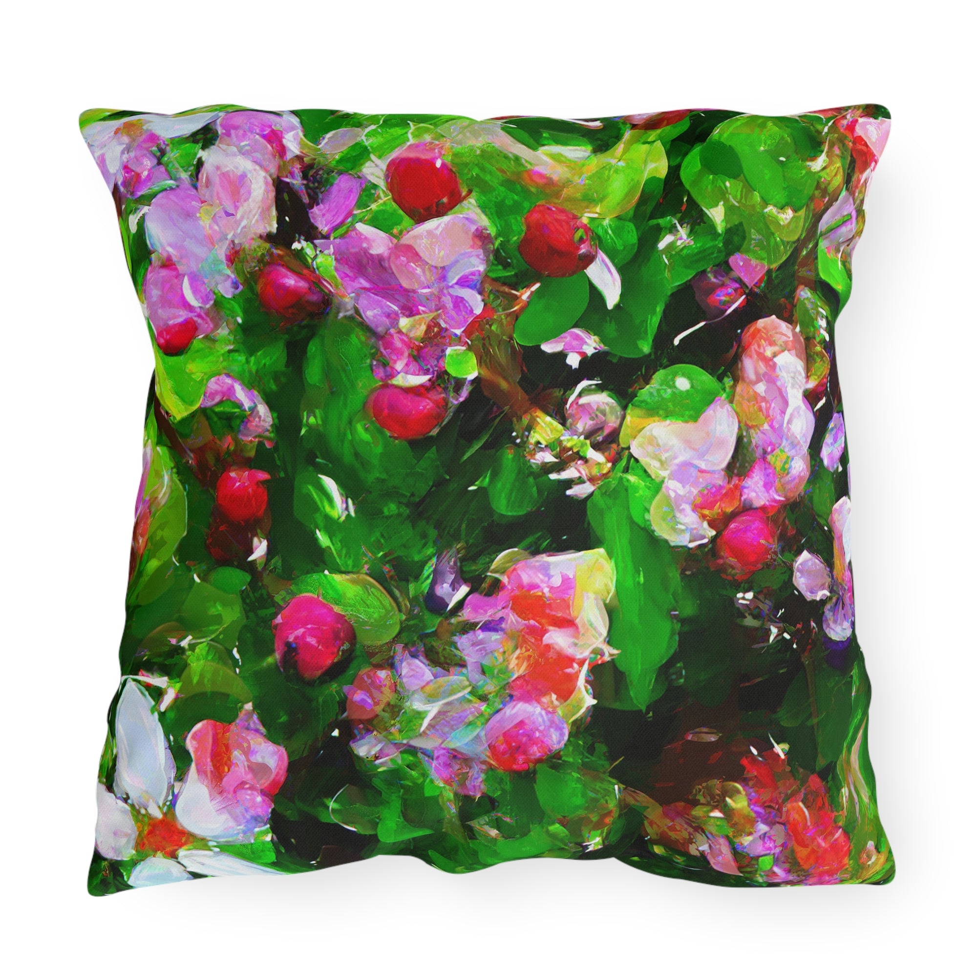 Floral Garden Outdoor Pillow — Bright Pink &amp; Green Botanical Throw for Patio