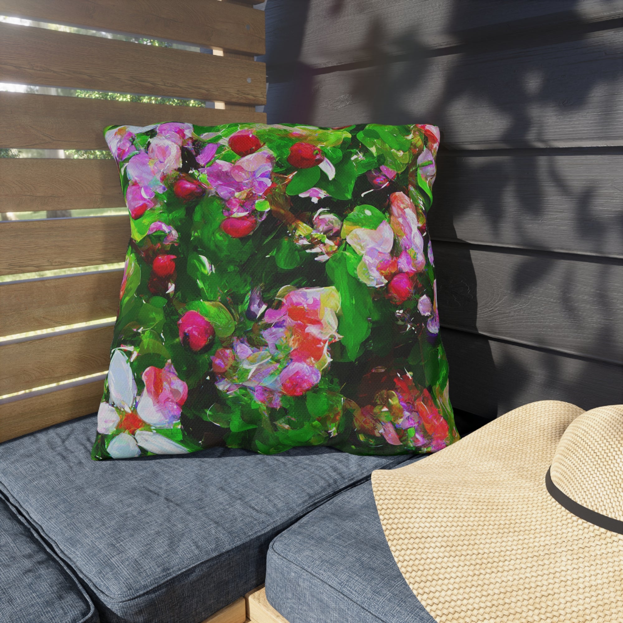 Floral Garden Outdoor Pillow — Bright Pink &amp; Green Botanical Throw for Patio