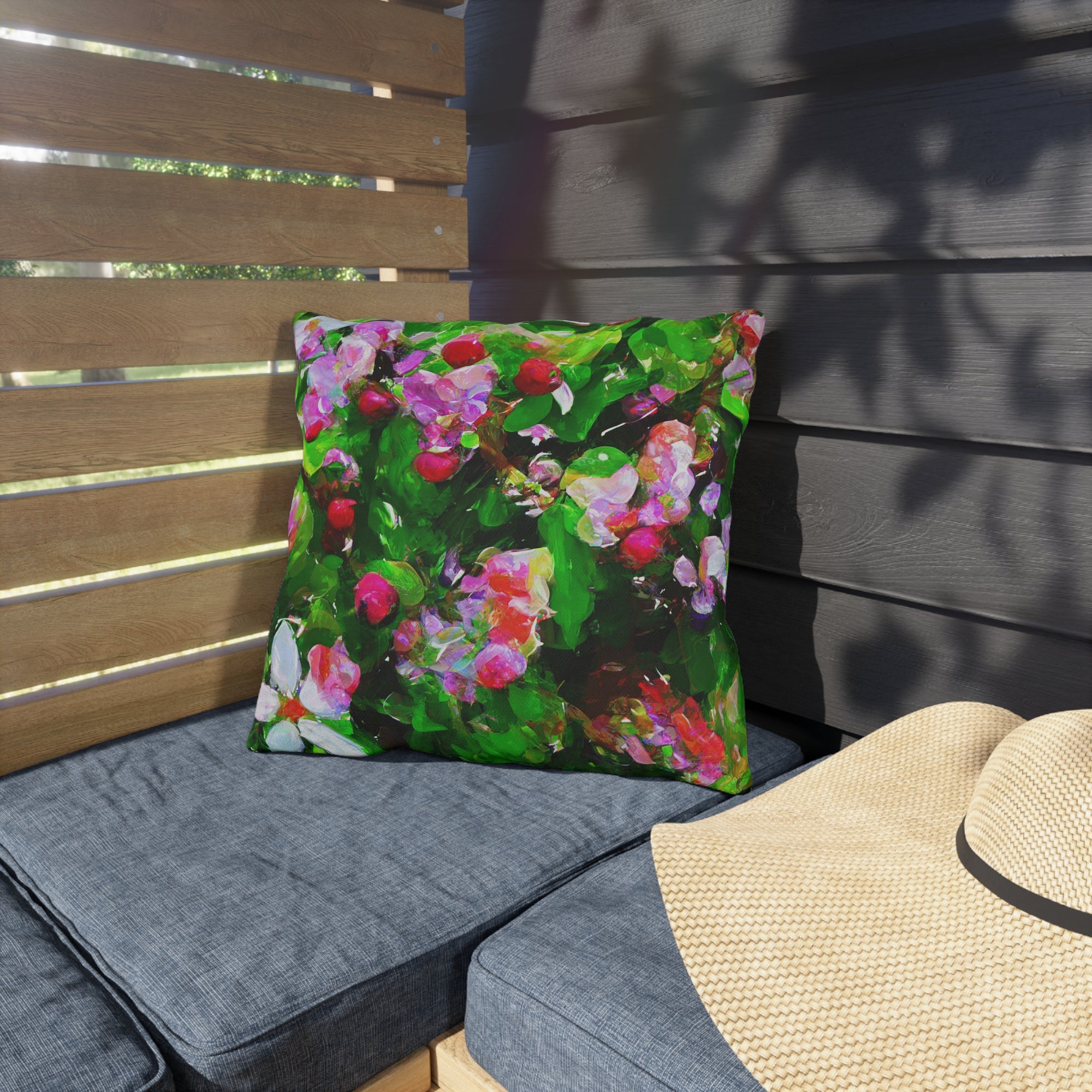 Floral Garden Outdoor Pillow — Bright Pink &amp; Green Botanical Throw for Patio