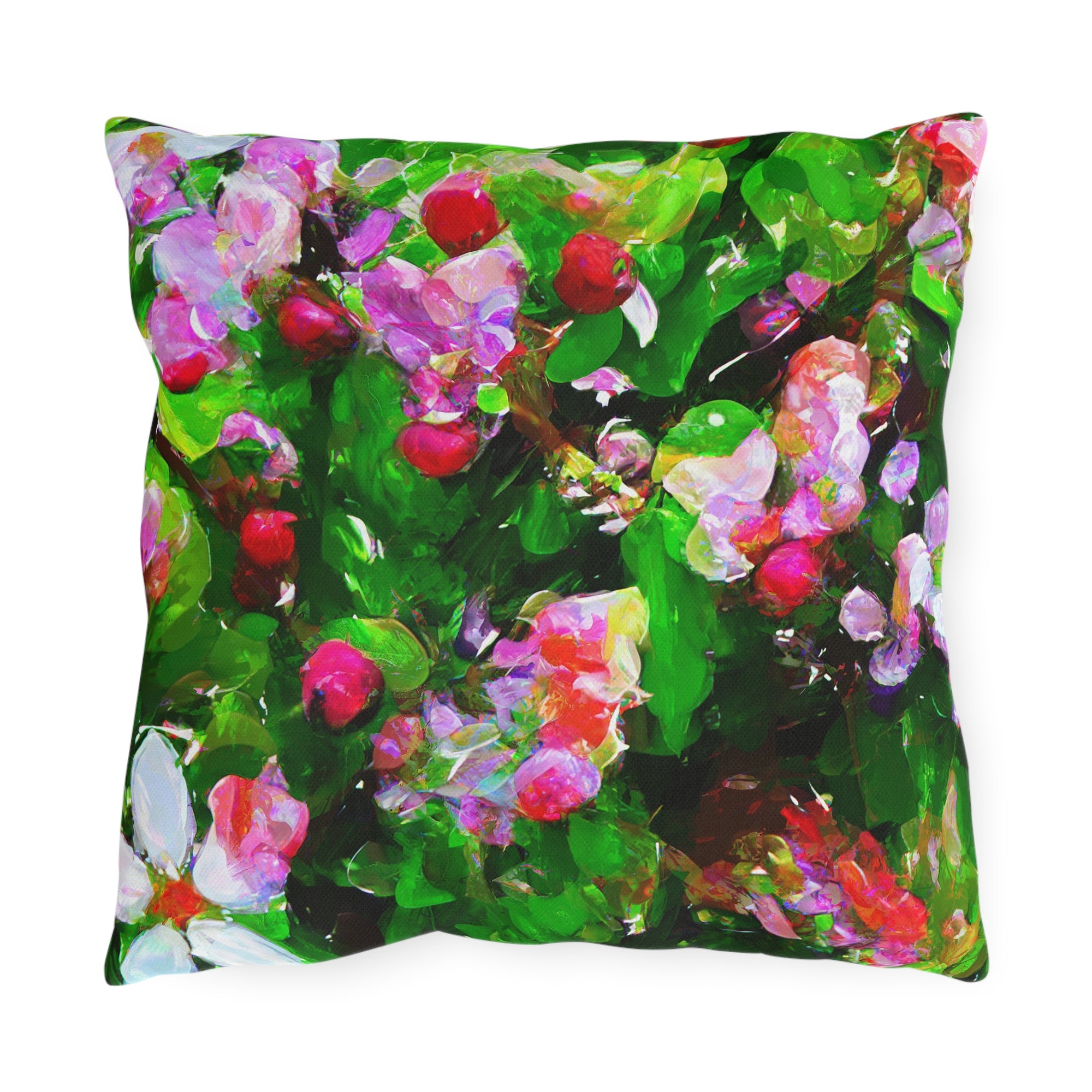 Floral Garden Outdoor Pillow — Bright Pink &amp; Green Botanical Throw for Patio
