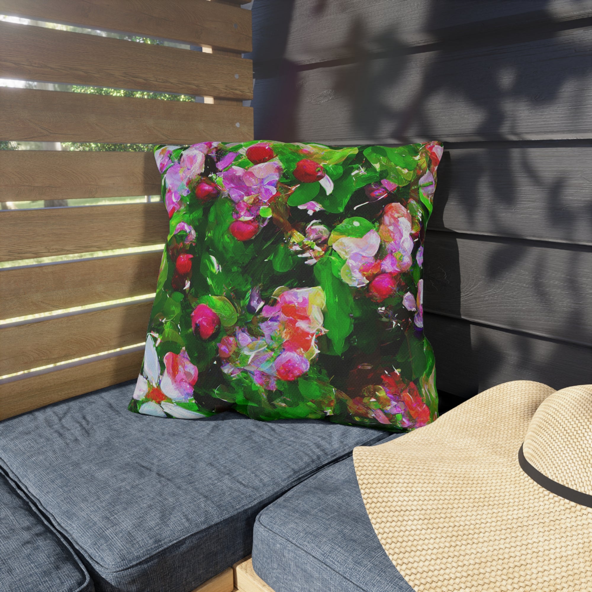 Floral Garden Outdoor Pillow — Bright Pink &amp; Green Botanical Throw for Patio