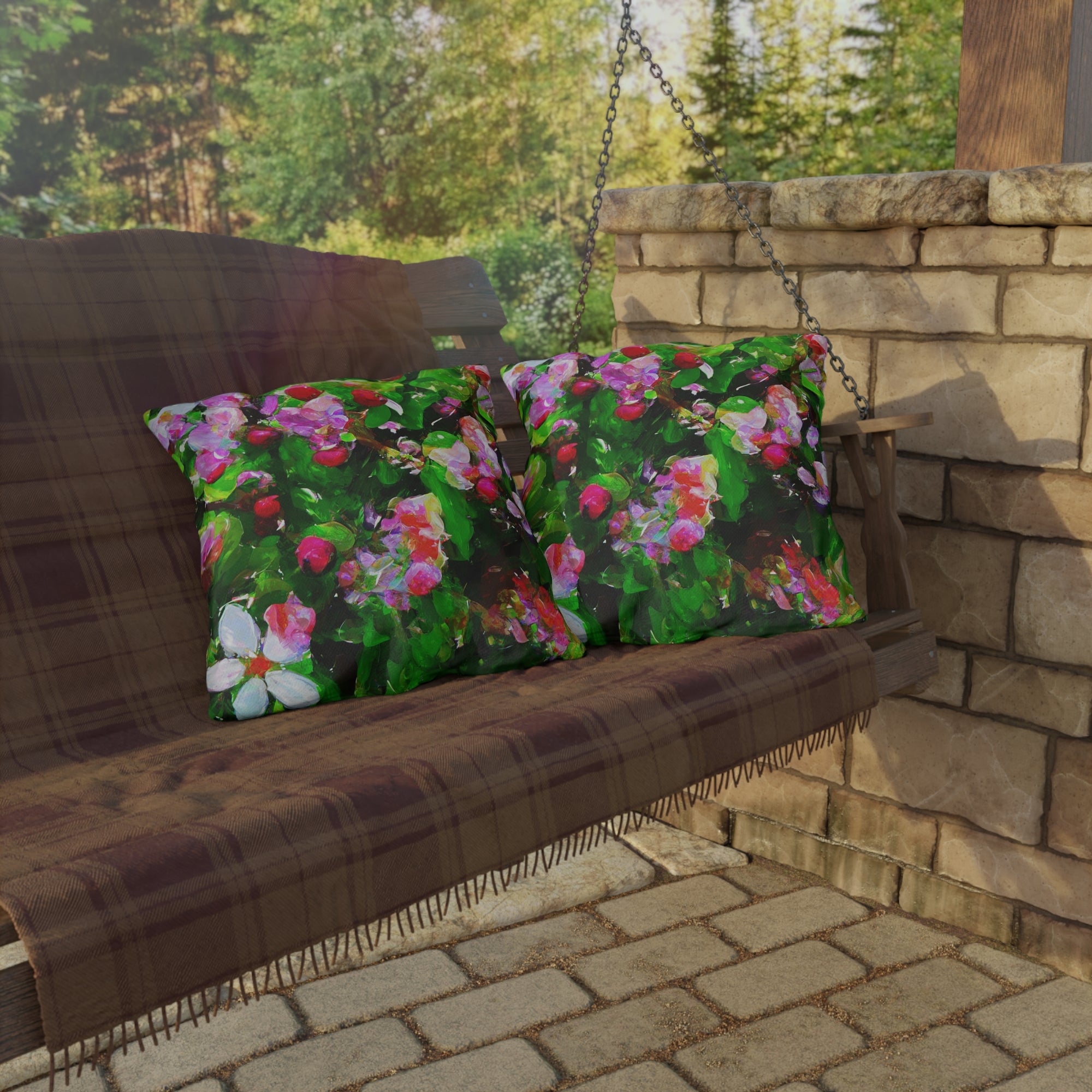 Floral Garden Outdoor Pillow — Bright Pink &amp; Green Botanical Throw for Patio