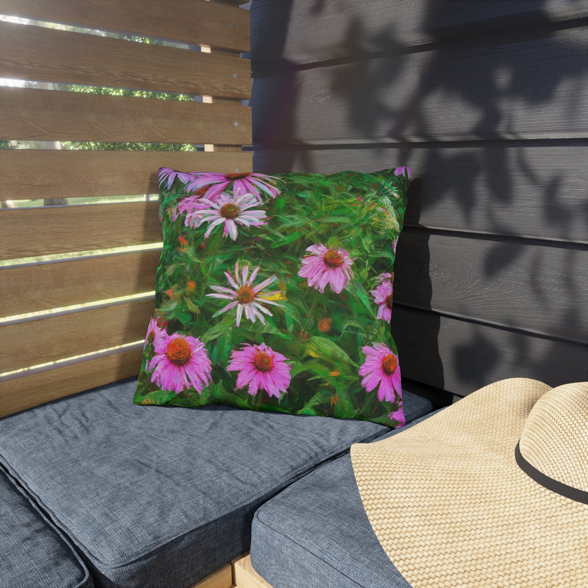 Pink Coneflower Outdoor Pillow — Garden Floral Patio Accent Cushion