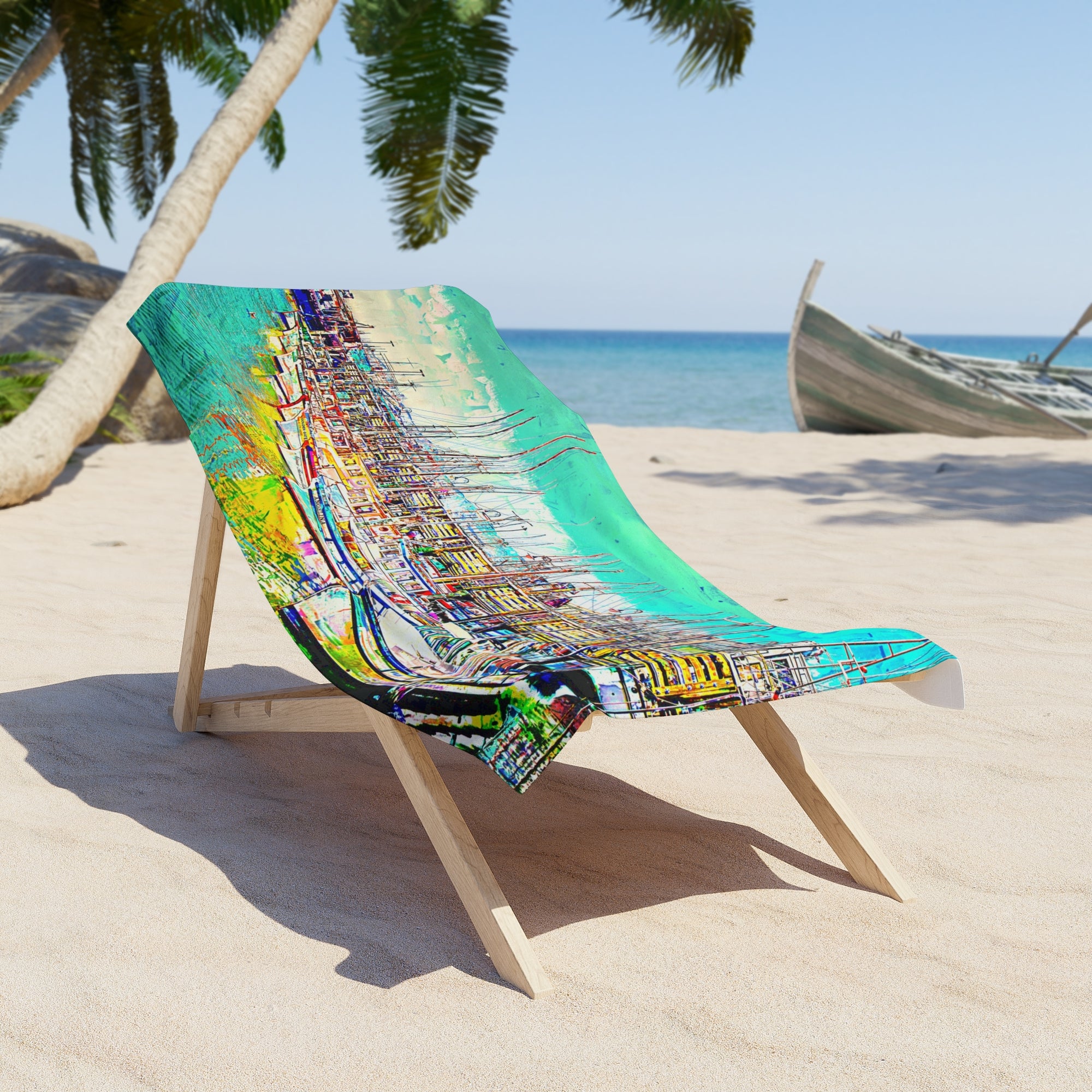 Harbor Boats Beach Towel — Colorful Nautical Marina Artwork