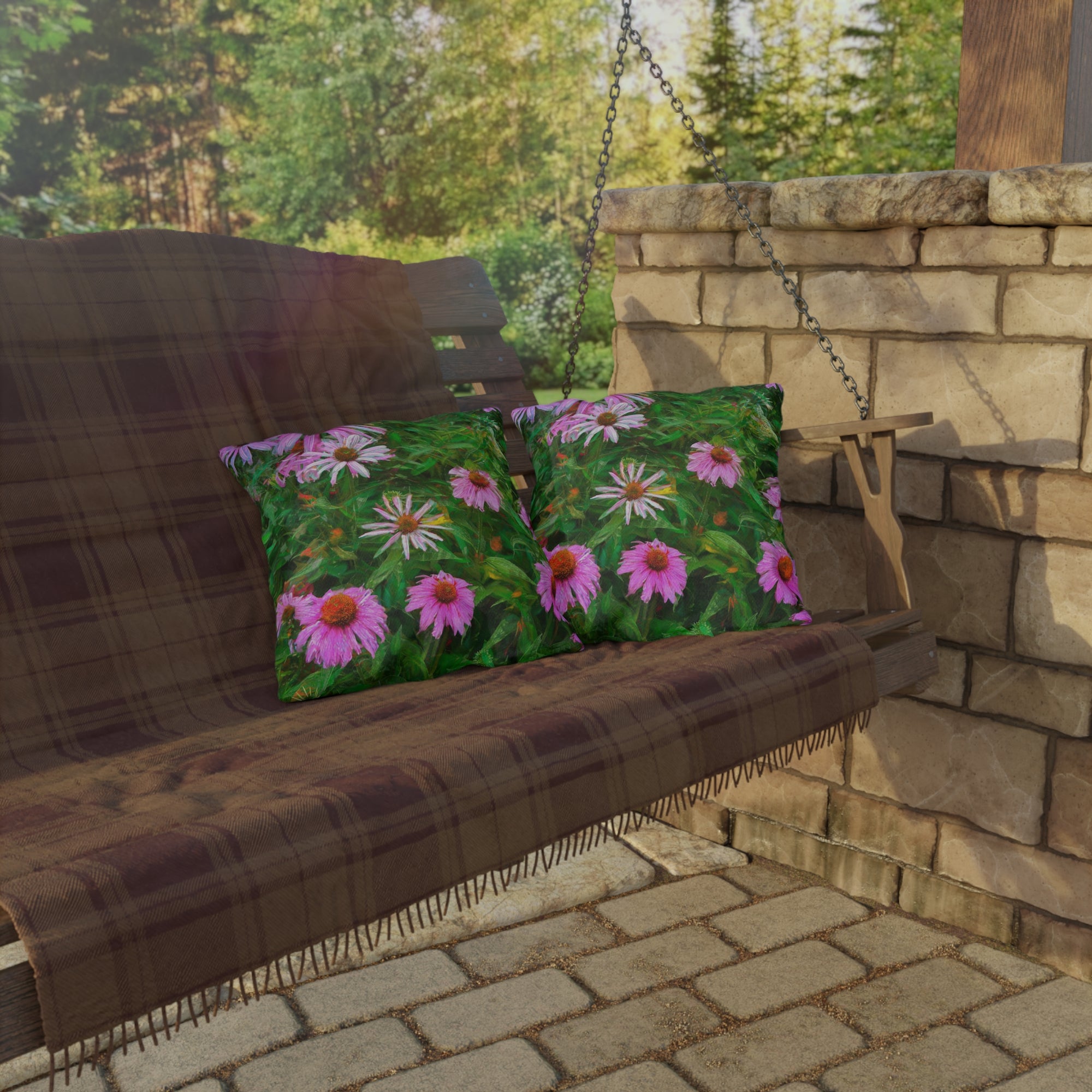 Pink Coneflower Outdoor Pillow — Garden Floral Patio Accent Cushion