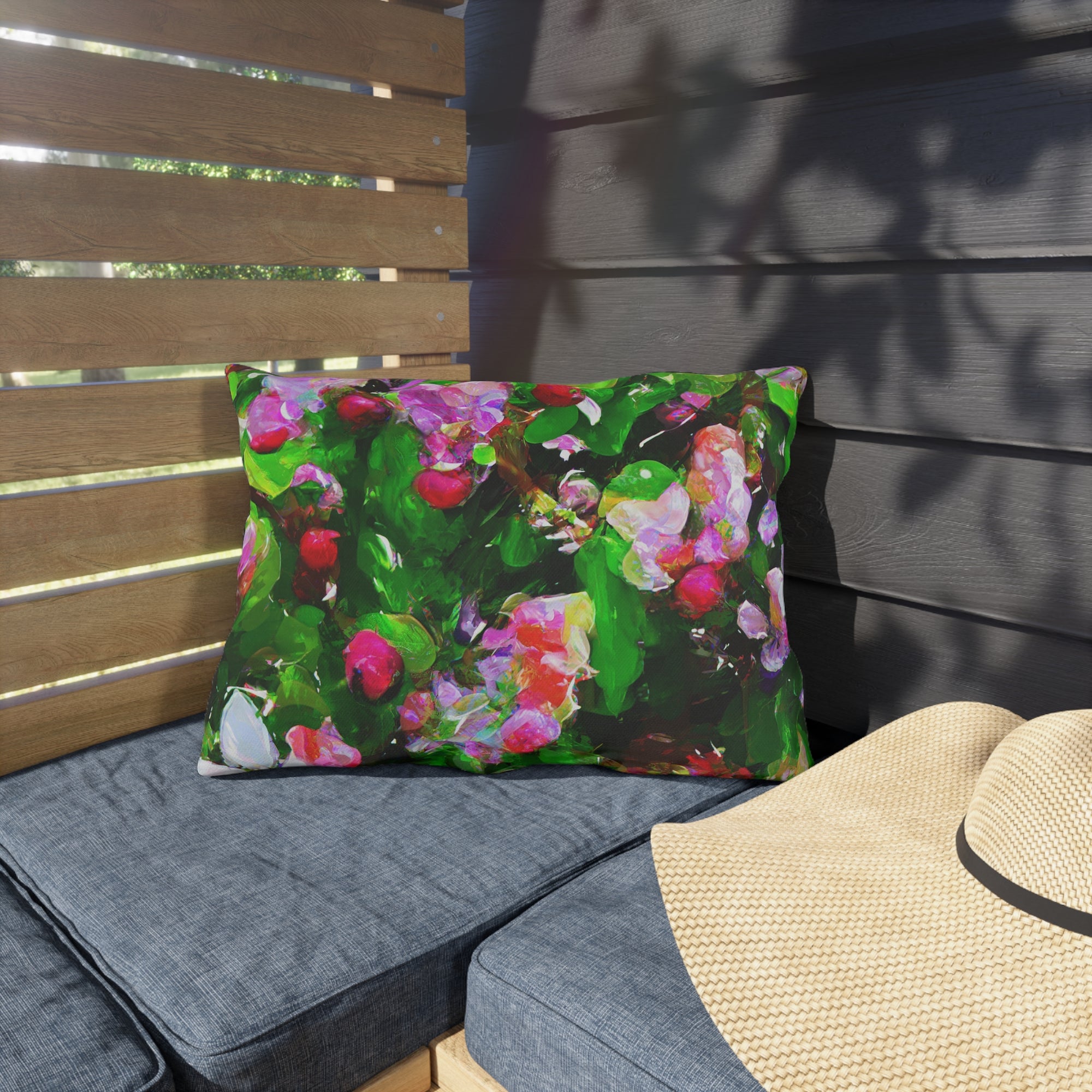 Floral Garden Outdoor Pillow — Bright Pink &amp; Green Botanical Throw for Patio
