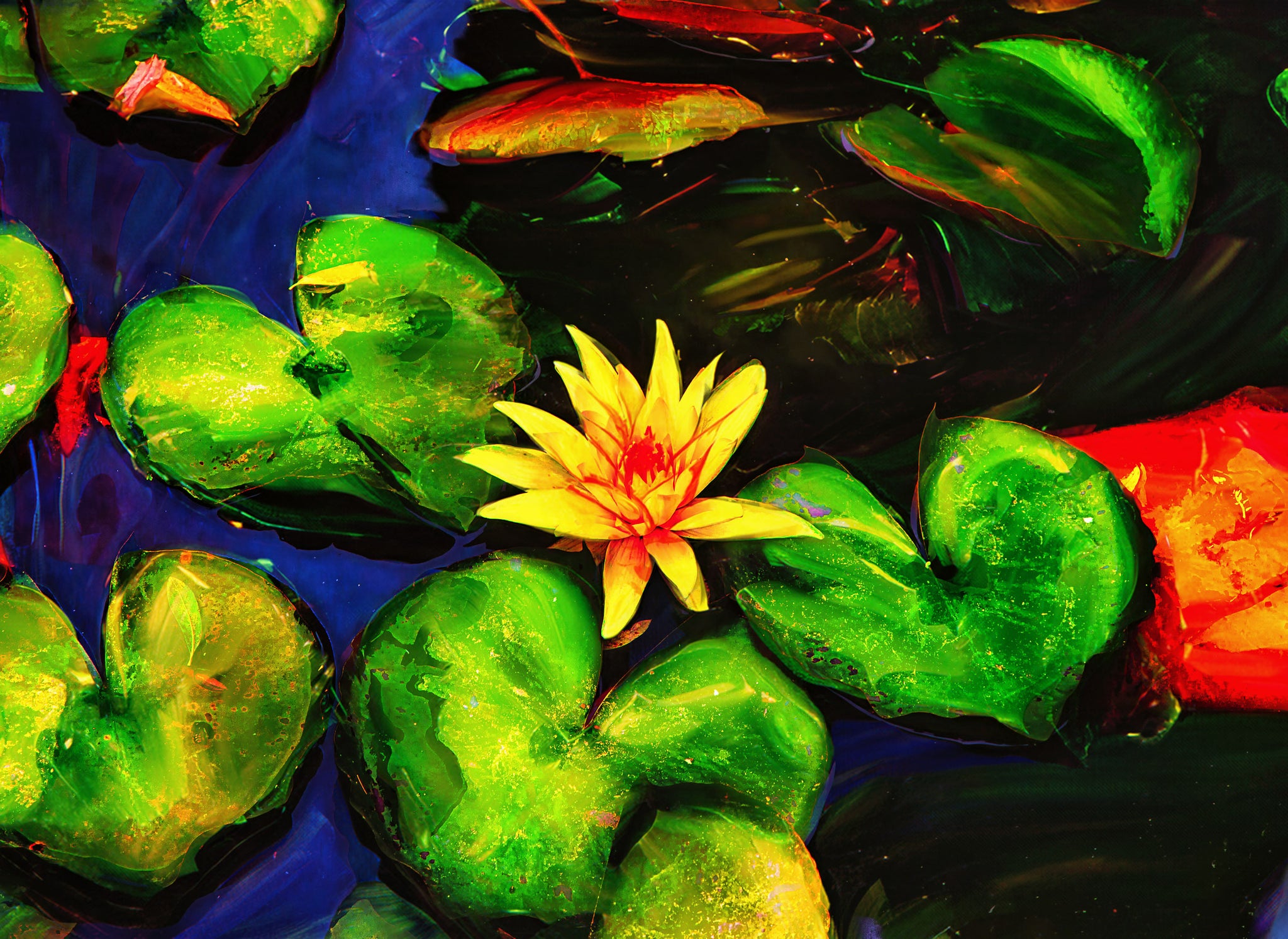 Chinese Garden Water Lily Wall Art — Painterly Lily Pads in Bold Color