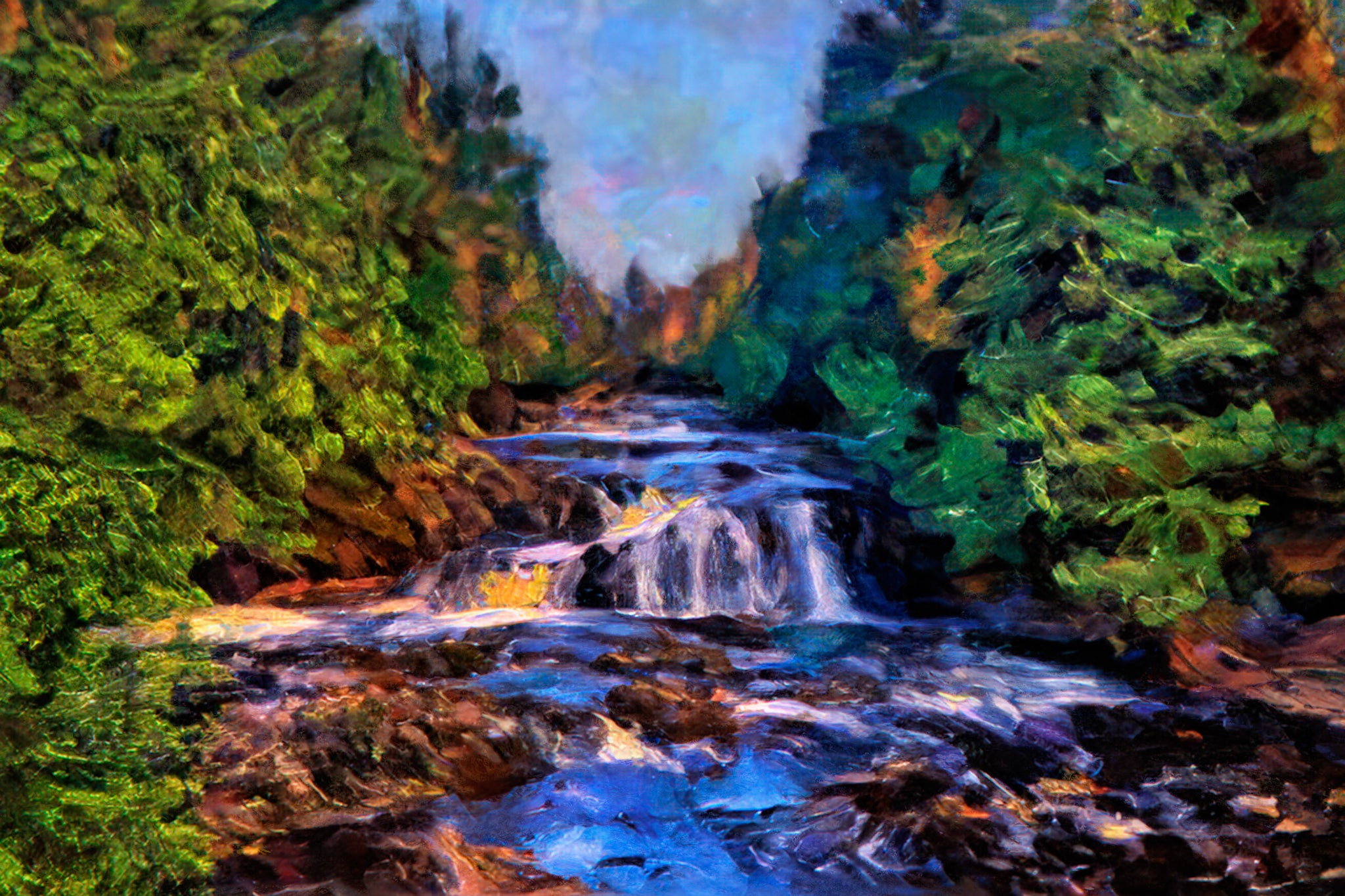 Copper Falls Forest Stream – Painterly Landscape Wall Art