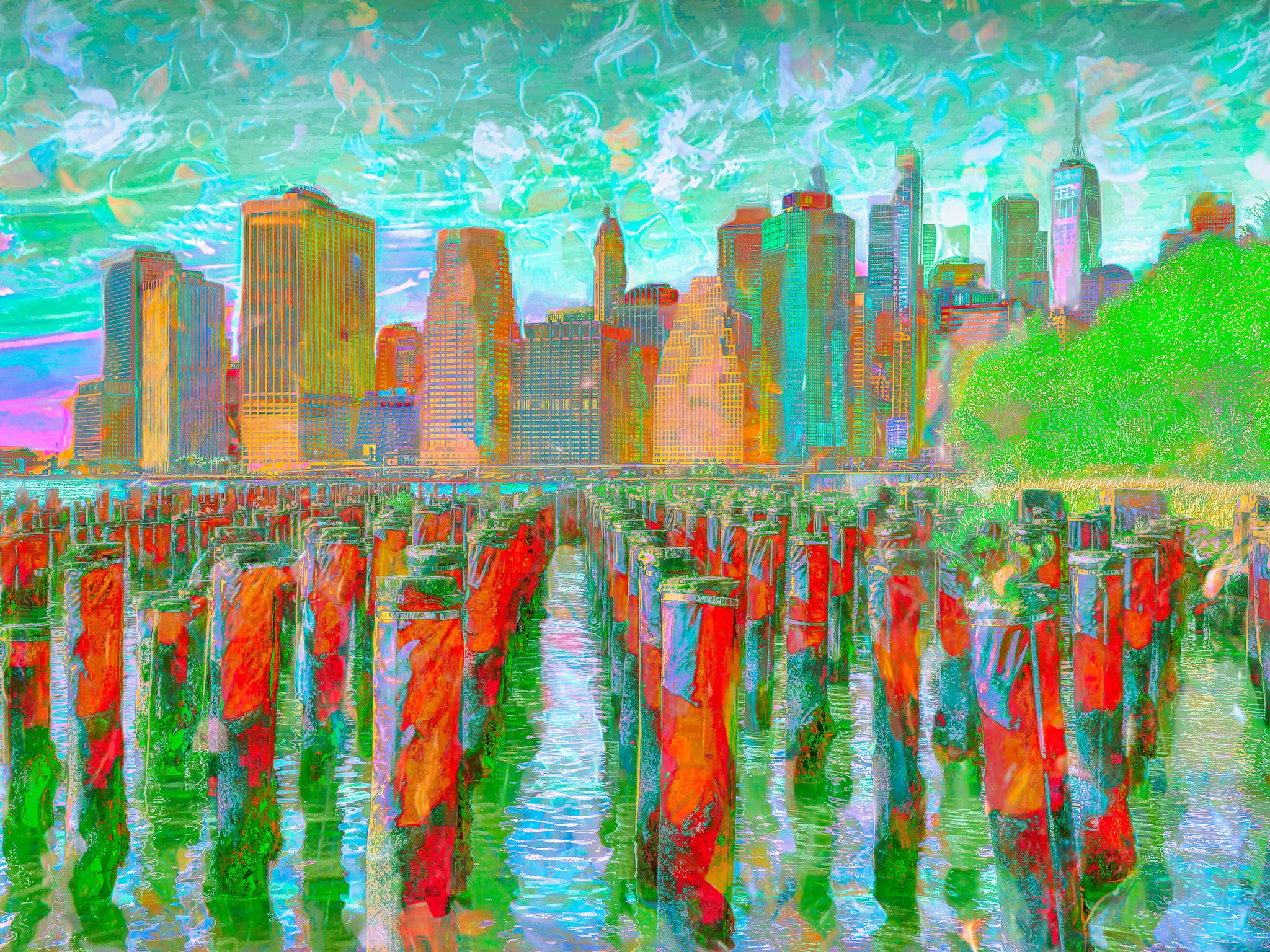Brooklyn Skyline & Harbor Pilings — Contemporary New York Wall Art