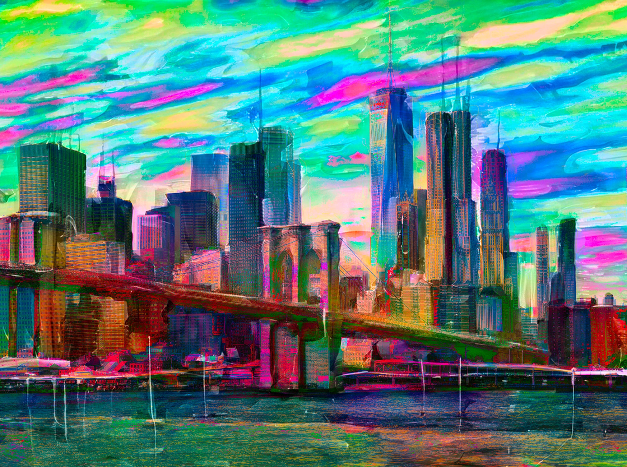 Brooklyn Bridge Fluorescent - New York City Fluorescent Skyline