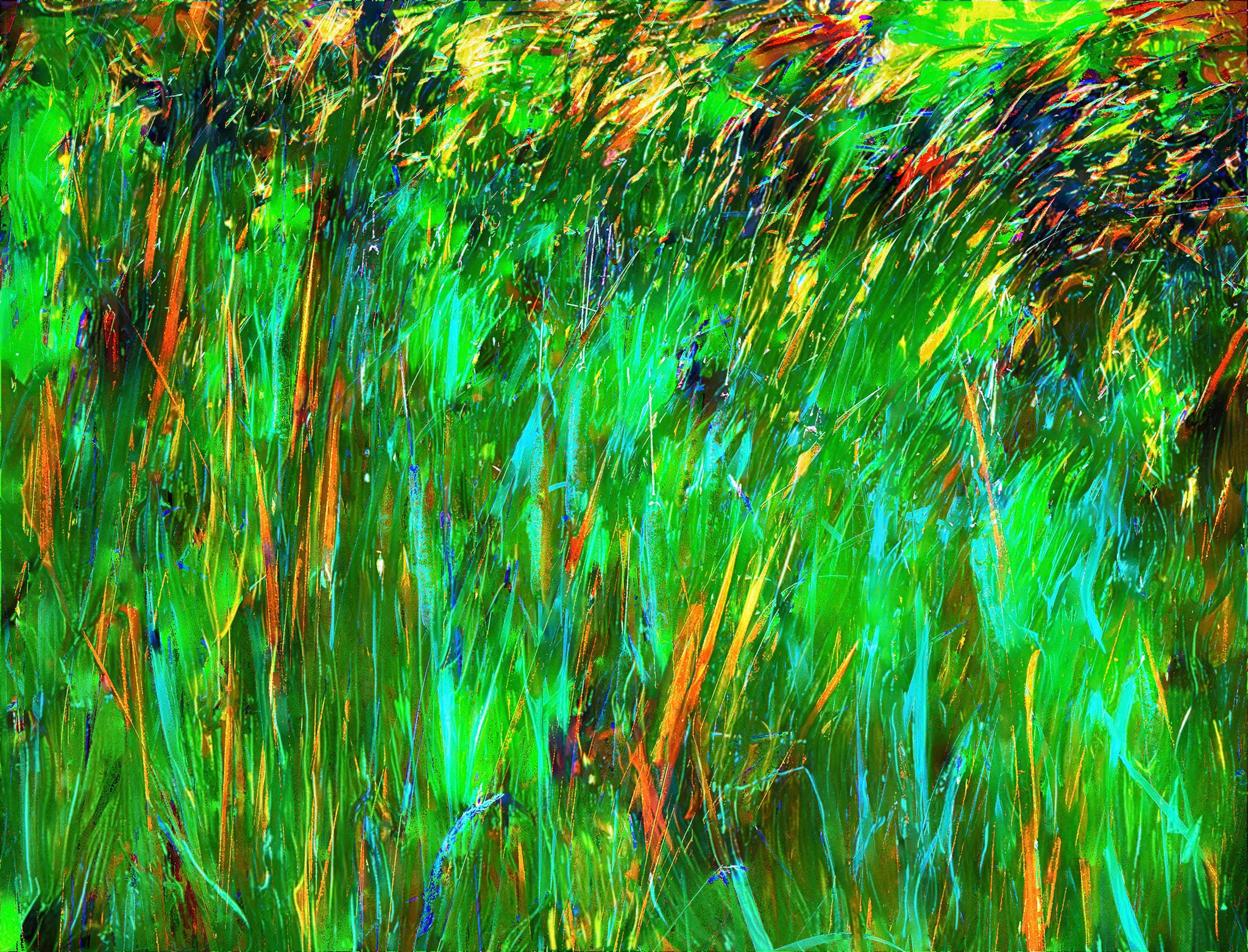 Fluorescent Cattails Wall Art — Abstract Nature Photography in Vivid Greens