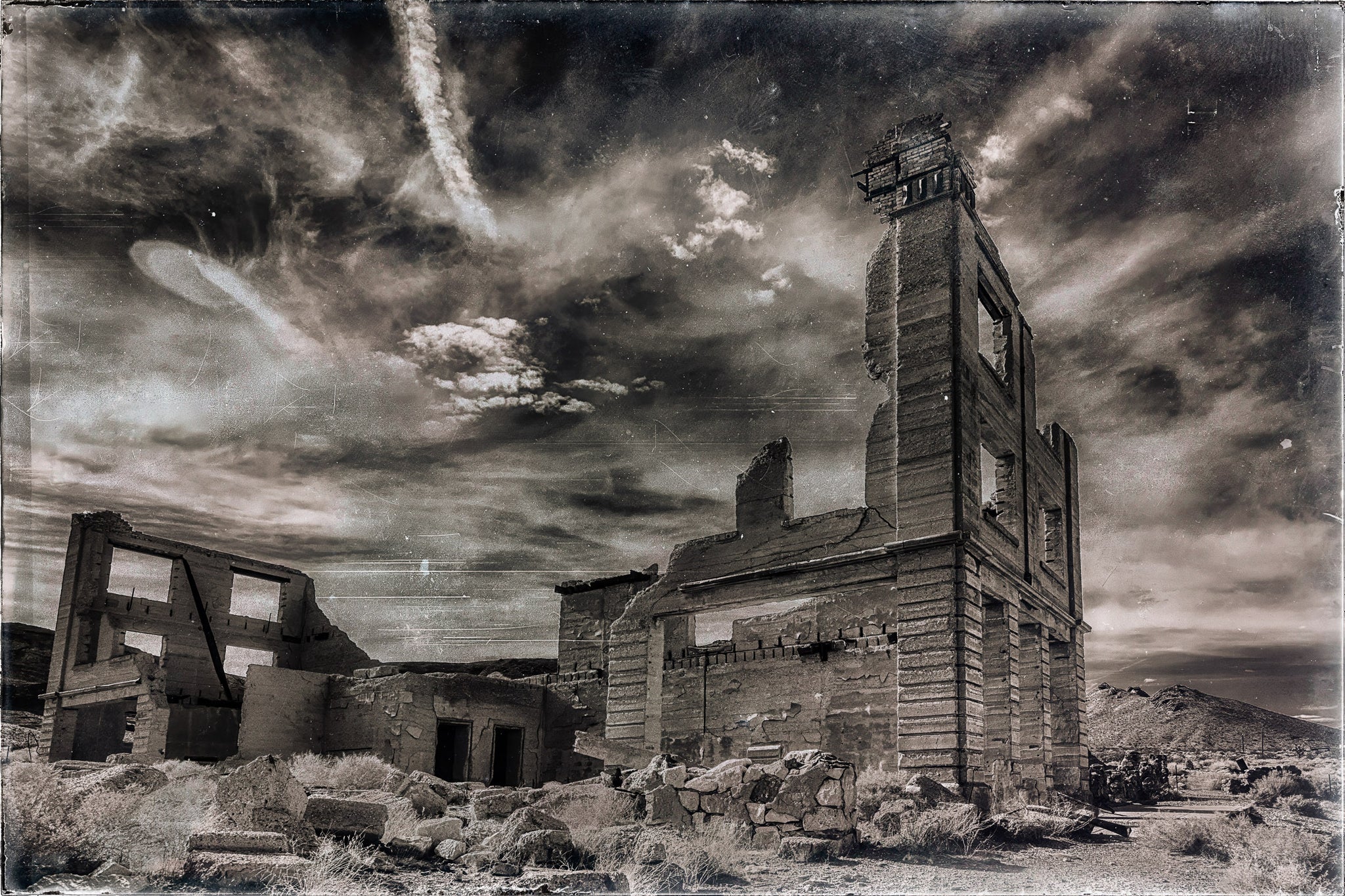 Ghost Town Reverie — Vintage Black & White Desert Ruins Wall Art