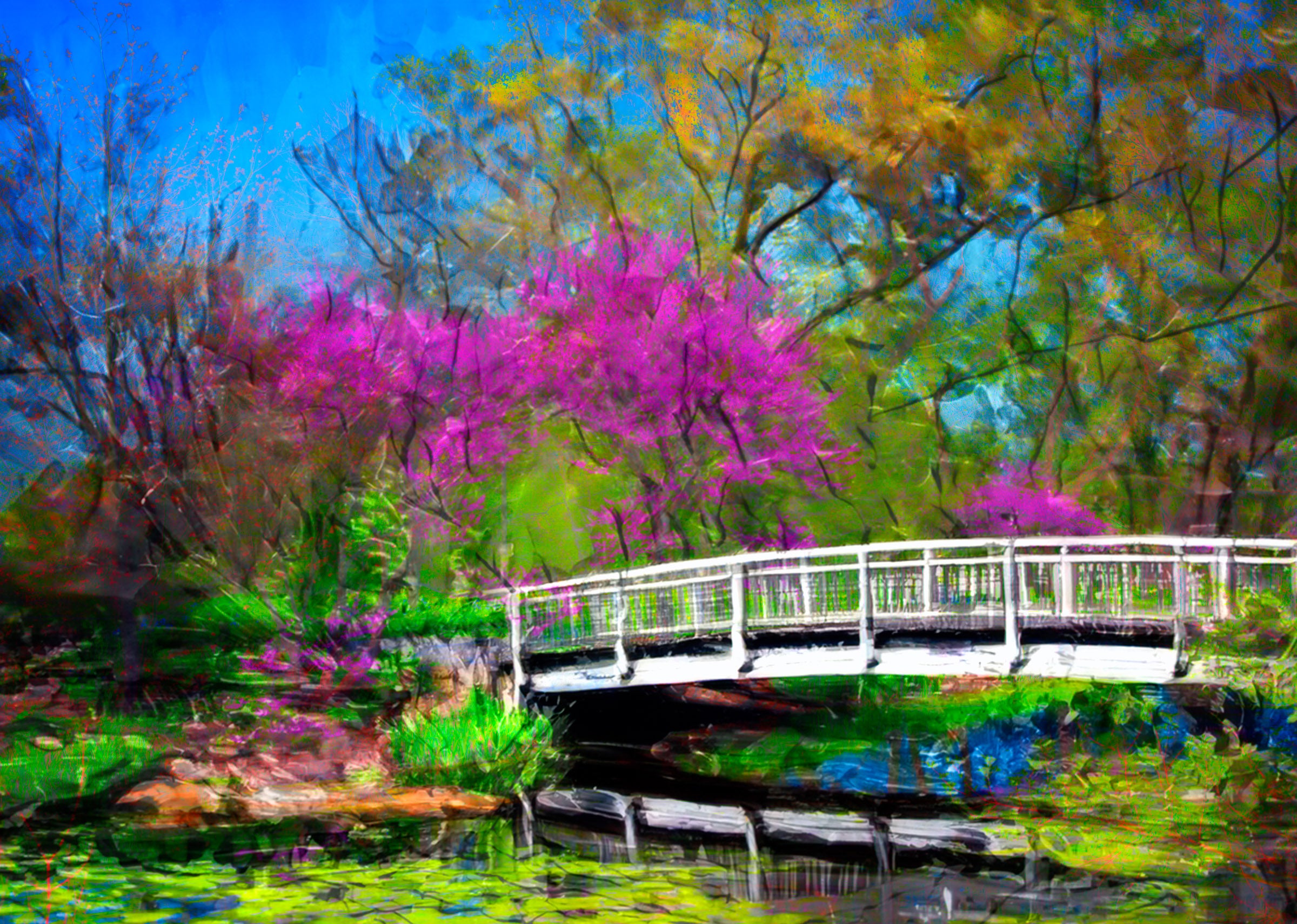 Spring Bridge in Bloom – Olbrich Gardens Painterly Wall Art – Bob